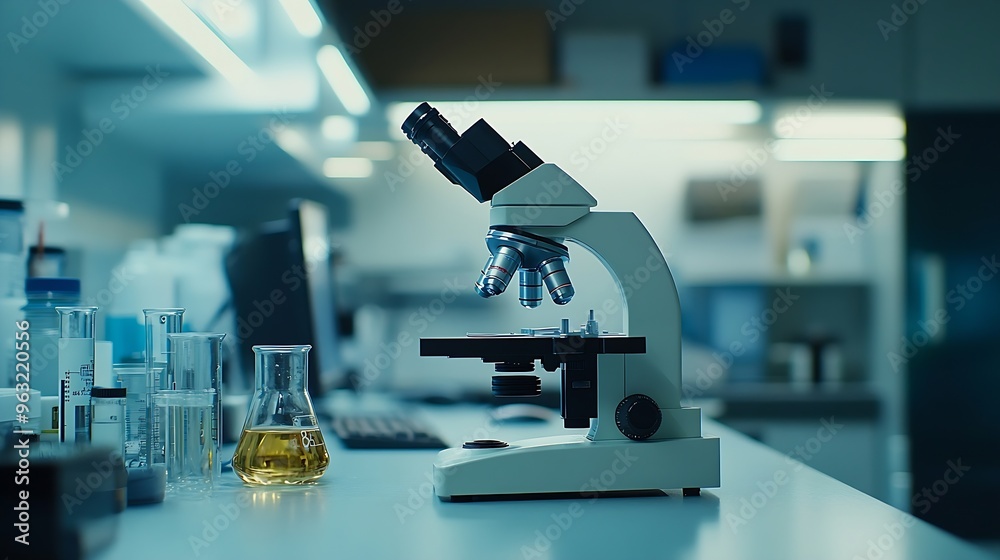 Aufkleber Empty room and microscope with computer in laboratory for medical workspace science and innovation for research breakthrough Interior equipment and desktop with technology for experime : Generative AI