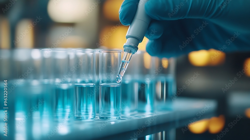 Leinwandbilder medical development research laboratory chemist or science scientist student hand in glove drop wate