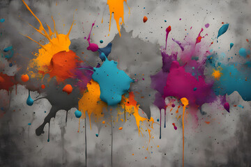 Raw Concrete Wall Background with Colorful Abstract Paint Splashes for Edgy Urban Art Designs