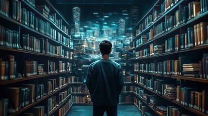 A young man standing in the center of an ancient library surrounded by bookshelves, gazing at holographic projections of digital and AI symbols floating above. The futuristic cityscape in the backgrou