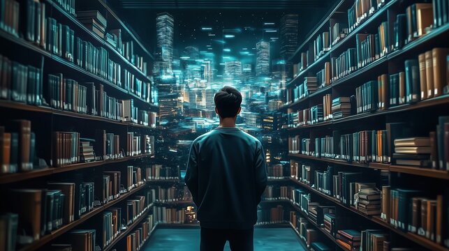 A young man standing in the center of an ancient library surrounded by bookshelves, gazing at holographic projections of digital and AI symbols floating above. The futuristic cityscape in the backgrou - Powered by Adobe