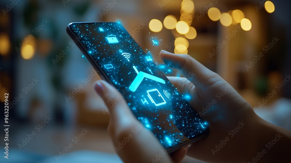 Poster People hand using smartphone or computer laptop to access smart home application from internet wireless connection to control and monitoring smart device inside of the house Internet o : Generative AI