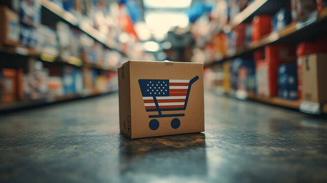 Box with shopping online cart logo and USA America flag Import Export Shopping online or commerce finance delivery service store product shipping trade supplier : Generative AI