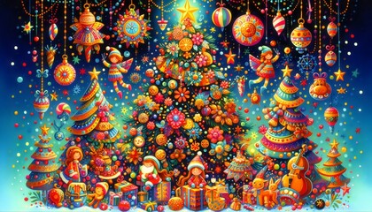 ilustracion de arboles de navidad escena nocturna