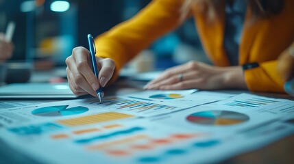 High Angle Photo of Business People Analyzing Statistics and Discussing Marketing Strategy in the Office : Generative AI
