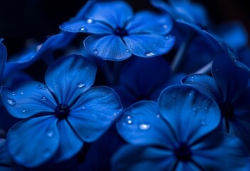 Close up of Blue flowers with drops of water on dark background 