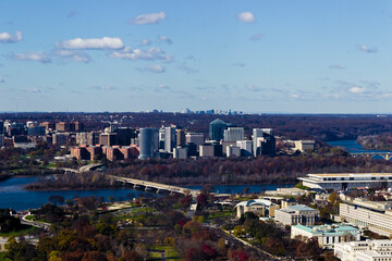 Bird's eye cityscape overlooking the Rosslyn District, skyline and Potomac River, Washington DC, Virginia
