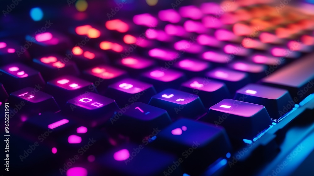 Aufkleber Working on a neon computer keyboard with colored backlighting Selected focus Computer video games hacking technology internet concept Selected focus : Generative AI