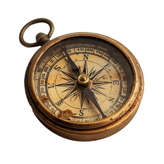 Old compass with a rustic brass cover, for navigating through life's journey and finding one's direction, isolated on transparent background PNG
