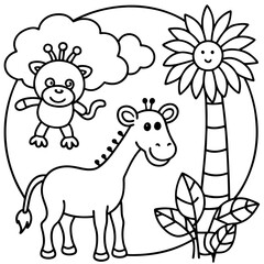 Safari adventure with a giraffe, zebra, and monkeys in the jungle