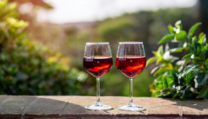 Two glasses with alcoholic cocktail, red wine. Tasty drink. Winery production. Delicious beverage