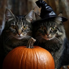 Two playful cats in witch hats pose beside a carved pumpkin for Halloween