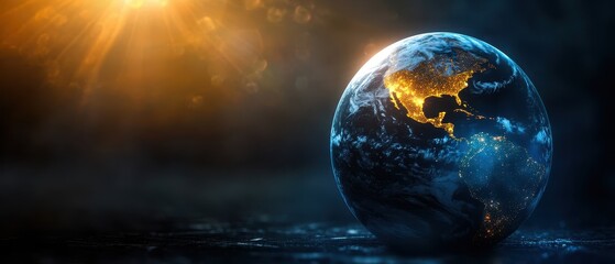 Fototapeta premium Stunning View of Earth from Space with Glowing City Lights and Sunlight in the Background