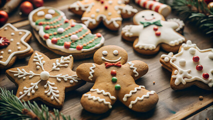 Christmas gingerbread cookies, festive, decorated with colorful icing and candy, capturing a joyful holiday spirit
