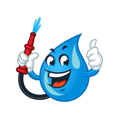 Happy cartoon water drop character holding a fire hose and giving thumbs up.