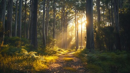 Fototapeta premium Light filled gumtree forest in Booderee national park of Australia Jervis bay area walking track : Generative AI