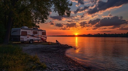 Travel trailer camping at sunset by the Mississippi river in Illinois at sunset panorama : Generative AI