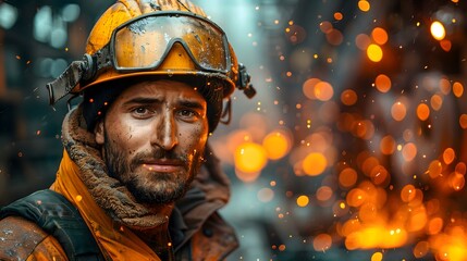steel mill worker wearing protective gear including a yellow hard hat and safety glasses stands against a bright industrial backdrop