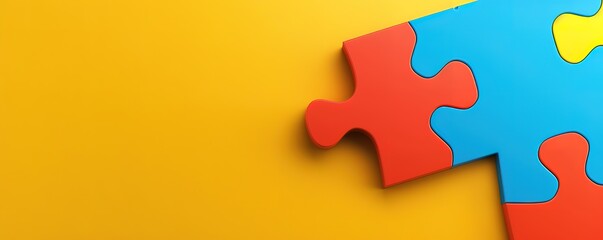 Red, blue and yellow jigsaw puzzle pieces on a yellow background. Concept of teamwork, collaboration, unity, and problem solving.