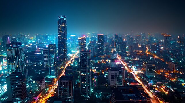 Smart city dot point connect with gradient line connection technology metaverse concept Bangkok Thailand night city banner with big data : Generative AI