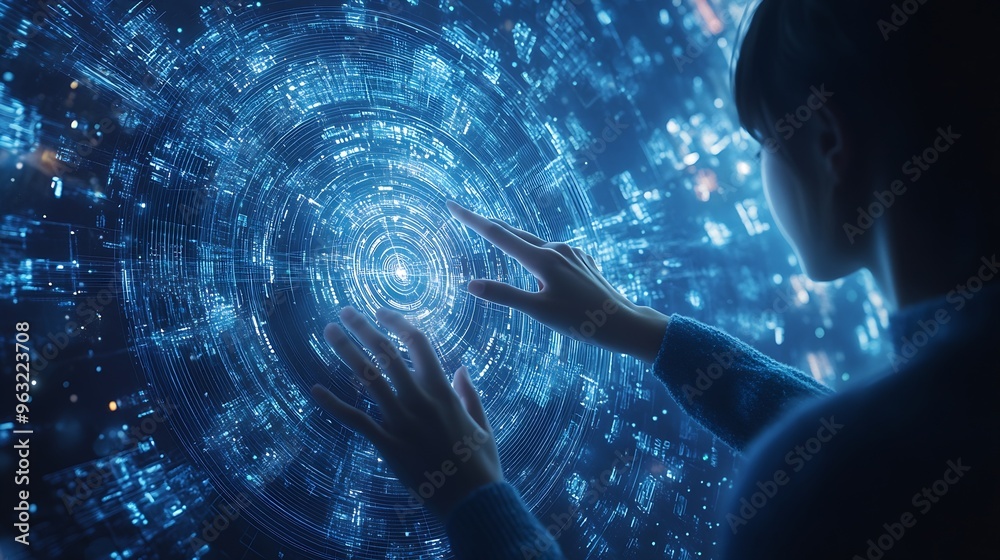 Poster A person interacting with a futuristic holographic interface featuring digital data and connections on a blue background showcasing technology concept : Generative AI
