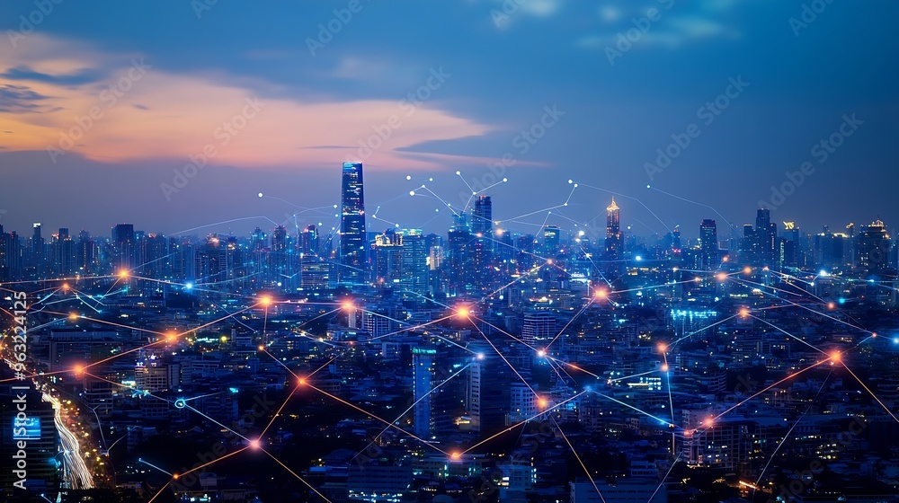Poster Wireless network and Connection technology concept with Abstract Bangkok city background in panorama view : Generative AI