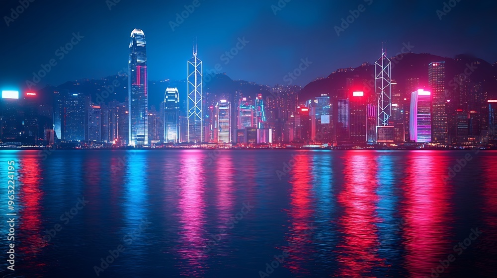 Poster Smart network and Connection technology concept Hong Kong digital city background at night in victoria harbour Cyberpunk color style Panorama view : Generative AI