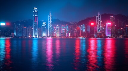 Smart network and Connection technology concept Hong Kong digital city background at night in victoria harbour Cyberpunk color style Panorama view : Generative AI