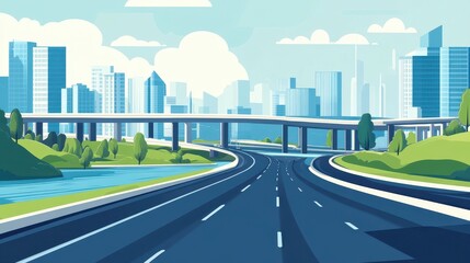 Fototapeta premium A highway leading towards a modern city skyline with a bridge and a small park with a river.