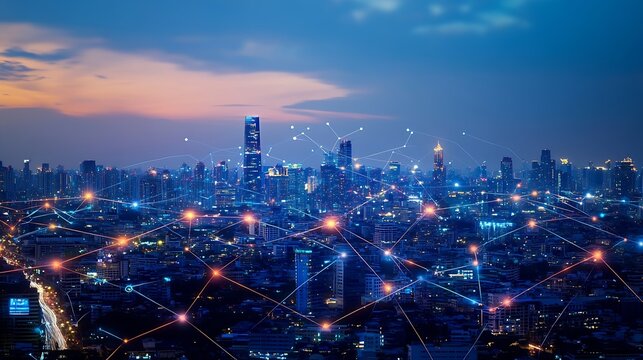 Wireless network and Connection technology concept with Abstract Bangkok city background in panorama view : Generative AI