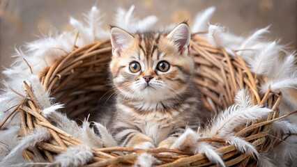 A small British Shorthair kitten is in a nest captured aerially surrounded by fluffy feathers and twigs, curiosity, twigs, paw, kitten, innocence, white, playfulness, fluffy, delicate