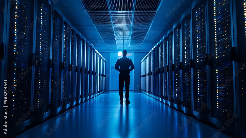 Poster Successful Data Center IT Specialist Using Laptop Computer Server Farm Cloud Computing Facility with System Administrator Working Data Protection Engineering Network for Cyber Security : Generative AI