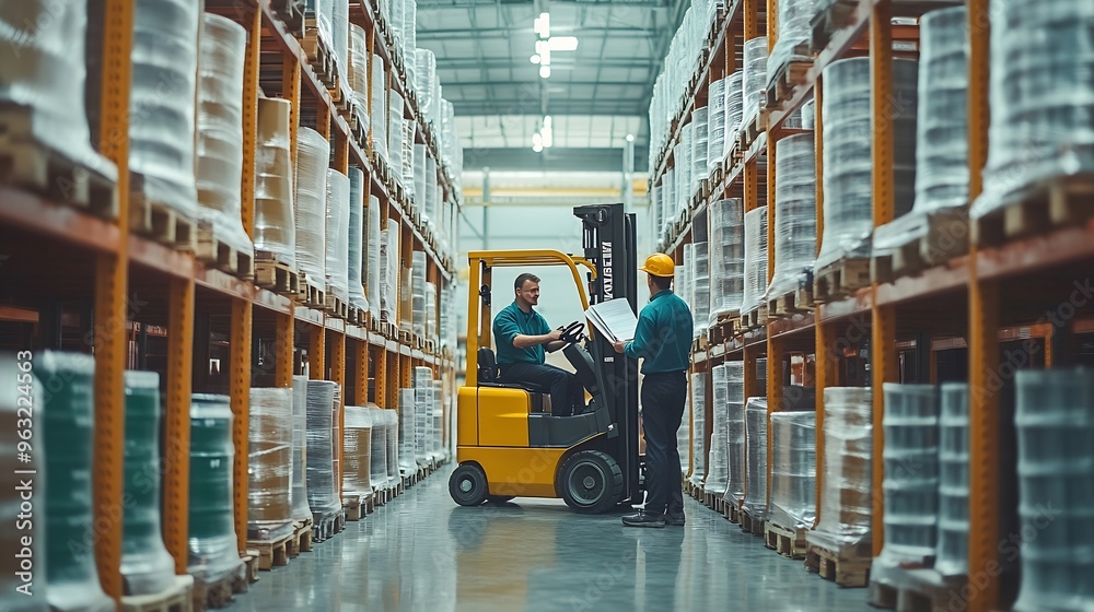 Wall mural forklift driver talking with manager in modern industrial factory warehouseman reading order order p