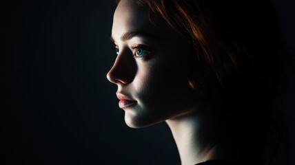 Fototapeta premium Dramatic Side Profile Portrait of a Young Woman with Red Hair in Low Light