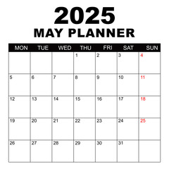 May 2025 Calendar. Week starts on Monday. Blank Calendar Template. Fits Letter Size Page. Stationery Design. Simple set calendar 2025. Monthly calendar template. Planner for 2025 year.