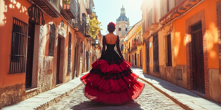 Una mujer est&aacute; vestida con un vestido tradicional negro y rojo, en la calle de la ciudad vieja