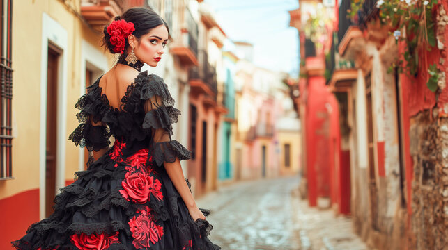 Una mujer est&aacute; vestida con un vestido tradicional negro y rojo, en la calle de la ciudad vieja