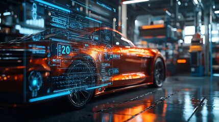 EV electric vehicle technology industry concept futuristic virtual graphic touch user interface on screen with auto repair garage blurred on background : Generative AI