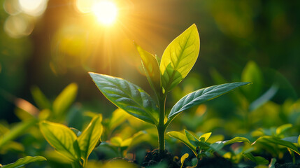 Obraz premium Young green plant sprouting in sunlight with a soft natural background
