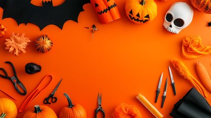Halloween Crafts Supplies Orange Background Flat Lay