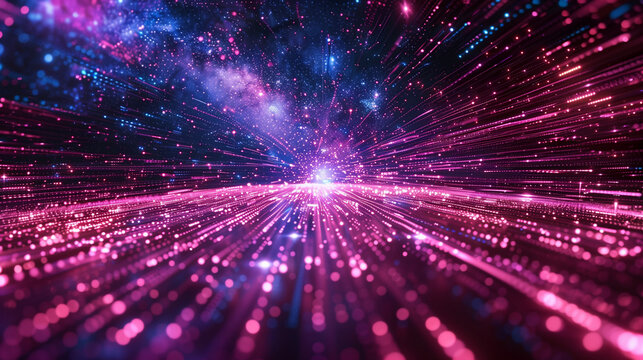 Futuristic pink data stream in deep space with glowing particles