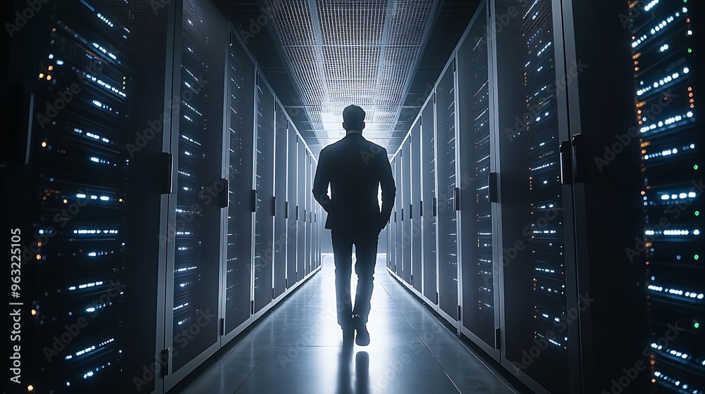 Poster Male IT Specialist Walks Between Row of Operational Server Racks in Data Center Engineer Uses Tablet Computer for Maintenance Concept for Cloud Computing Artificial Intelligence Cybers : Generative AI