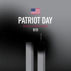 American Patriot Day poster or greeting card design with illustration of burning twin towers