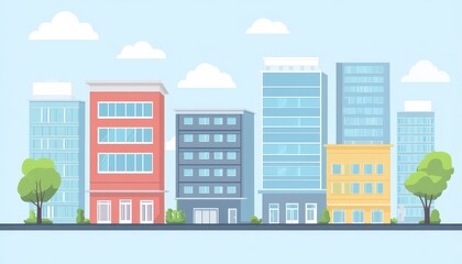 A simple flat design illustration of a city skyline with buildings and trees against a blue sky.