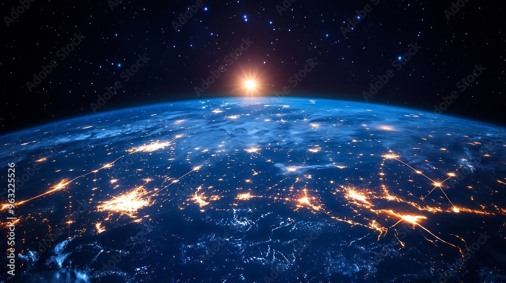 Aufkleber Global world network and Communication technology conceptbig dataiot Solutionnew normaldigital twinvrwireless and 5g for internet business on earthElements of this image furnished by N : Generative AI
