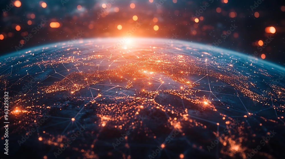 Aufkleber Communication technology with global internet network connected around the world Telecommunication and data transfer international connection links IoT finance business blockchain secu : Generative AI