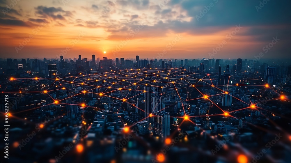 Poster Smart digital city with connection network reciprocity over the cityscape  Concept of future smart wireless digital city and social media networking systems that connects people within : Generative AI