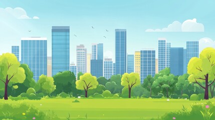 A vibrant cityscape with green trees and lush grass in the foreground, creating a contrast between urban and natural environments.