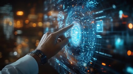 Businessman presenting futuristic business world metaverse graphic In the form of innovation in digital business processing technology innovation of the 21st century : Generative AI