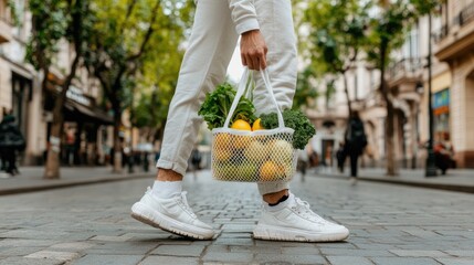 On a city street, a man's legs hold a white canvas tote bag and a mesh shopping net filled with fresh vegetables and fruits, highlighting a commitment to zero-waste practices